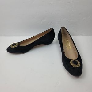 Salvatore Ferragamo black suede wedges gold accent